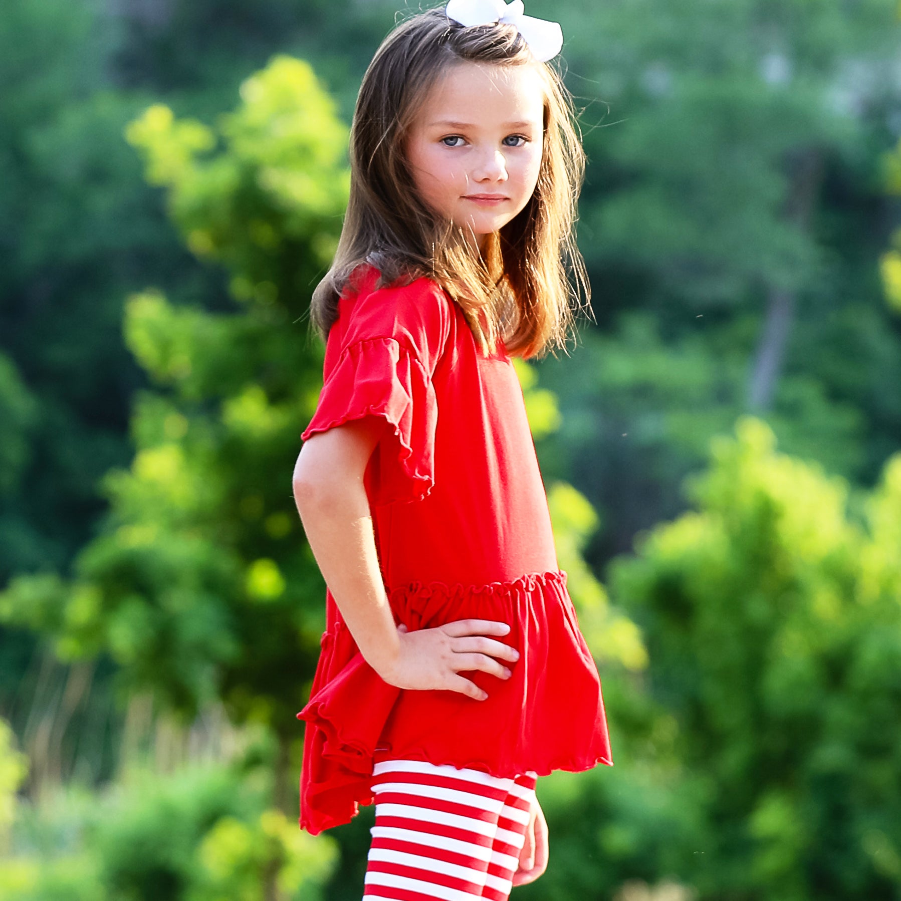 AnnLoren Little & Big Girls 3/4 Angel Sleeve Red Cotton Knit Ruffle top with bell sleeves and flowy silhouette.